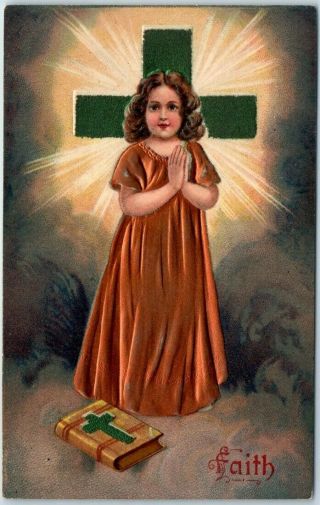 Vintage Pfb Embossed Religious Postcard " Faith " Girl Gold Dress C1910s