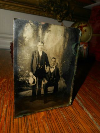 Antique Tintype Photo,  2 Young Men,  Suits,  Bow Tie,  Straw Hat,  Watch Chain