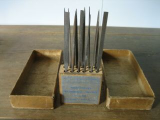 Vintage Set Of 12 Heller Round Handle 5.  5 Inch Needle Files No 2 Cut Wood Stand