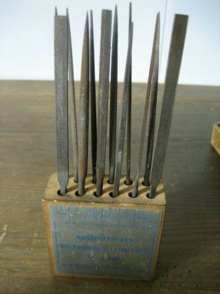 Vintage Set of 12 Heller Round Handle 5.  5 Inch Needle Files No 2 Cut Wood Stand 2