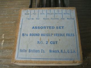 Vintage Set of 12 Heller Round Handle 5.  5 Inch Needle Files No 2 Cut Wood Stand 3