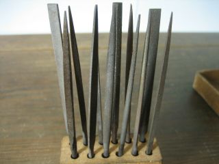 Vintage Set of 12 Heller Round Handle 5.  5 Inch Needle Files No 2 Cut Wood Stand 4