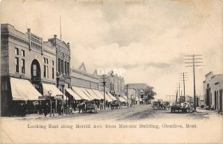 C12/ Glendive Montana Mt Postcard 1909 Merrill Ave Masonic Building Busy