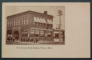 Early Warren Minnesota First National Bank Building With People Post Card - Mn
