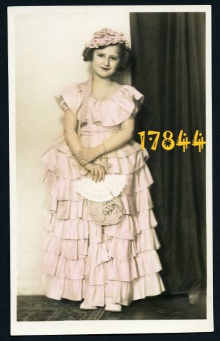 Orig.  Hand Colored Photograph By Hunnia,  Sweet Girl W Fan 1930’s Rare