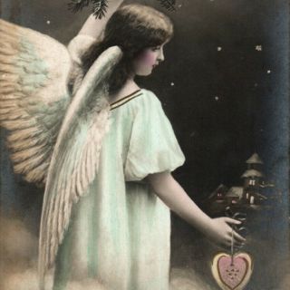 Fantasy Christmas Angel Girl With A Pine Branch Antique Photo Postcard