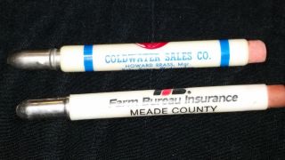 2 Vintage Bullet Pencils " Farm Bureau " & " Coldwater Sales " Erasers Pen Kansas