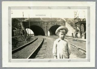 715 Perspective,  Little Boy In The Foreground,  Railroad Bridge,  Vintage Photo