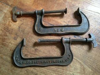2 Antique Cast Iron C Clamps No.  6 P.  S.  &w.  Co.  Southington,  Conn.  C 1888