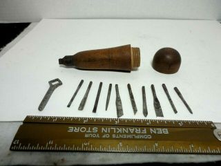 Antique Wood Handle Multi - Tool W/ 10 Bits Screwdriver & Chisel Woodworking Tool