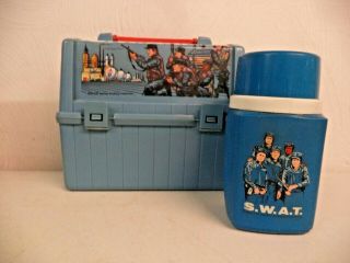Vintage 1975 Swat S.  W.  A.  T.  Plastic Dome Rectangle Lunchbox With Thermos