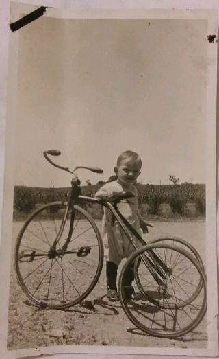 Vintage Old 1920 ' s Photo of Little Boy Toddler Standing Next to large TRICYCLE 2