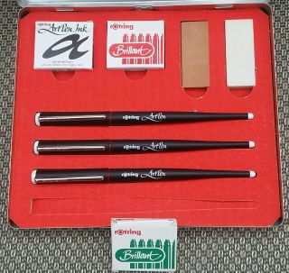 3 Fountain Pen Rotring Artpen Set With Ink Box & Erasers Germany