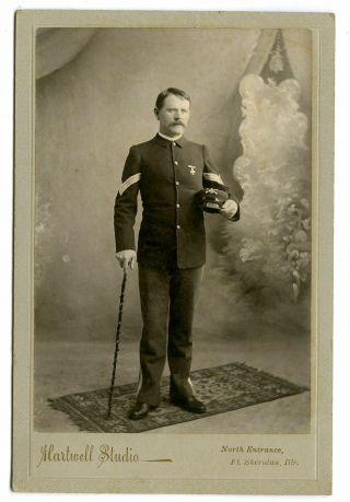 Early Spanish American War Soldier W/ Cane Hat Cabinet Photo Fort Sheridan Il