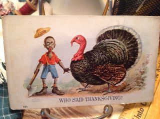 Vintage Postcard Black Americana Boy With Ax,  " Who Said Thanksgiving? "