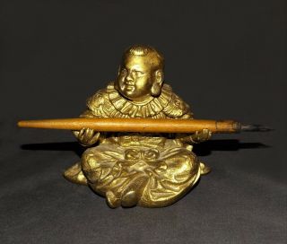 Antique Figural Inkwell Buddha Chinese Man Vtg Spelter Metal Desktop Inkstand