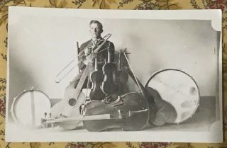 1910 Rppc A Man & A Bunch Of Instruments Violin Viola Drums Trumpet Guitar Photo