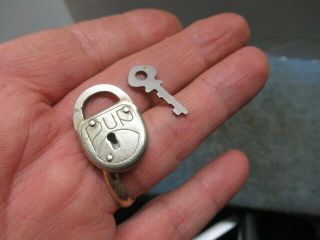 Exc.  Cond.  Very Unusual Old Miniature Padlock Lock Marked Pup With A Key.  N/r