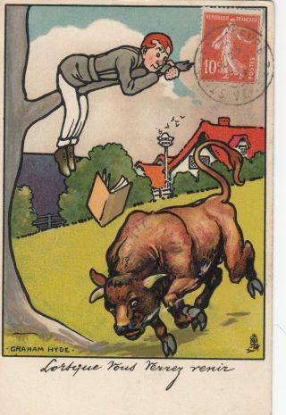 Man Up Tree,  Bull Running,  Pu - 1914; As; Graham Hyde,  Tuck Serie 432