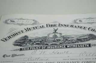 Vermont Mutual Fire Insurance Company Policy Expired 1895 Ephemera Lithograph