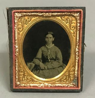 Framed Sixth - Plate Tintype Of Young Woman In Patterned Dress Ca.  1869