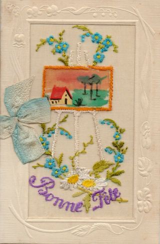 Bonne Fete: Rare Hand Painted Scene: Ww1 Embroidered Silk Greetings Card