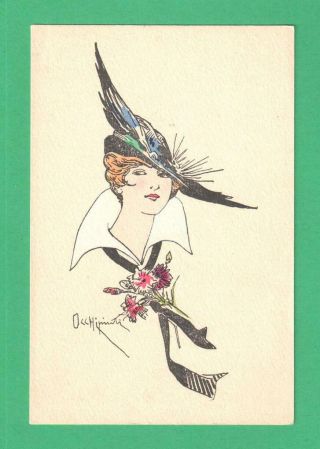 Vintage French Artist Signed Art Deco Postcard Pretty Lady Feather Hat Flowers