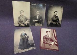 Tintype Vintage Photos Group Of 5 Individuals With Some Color Added