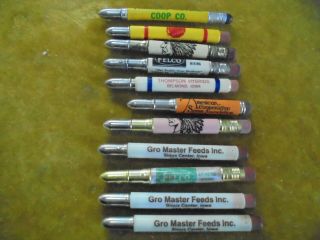 Vintage Group Of 11 Advertising Bullet Pencils - Two With Indian Graphic Sioux Cit