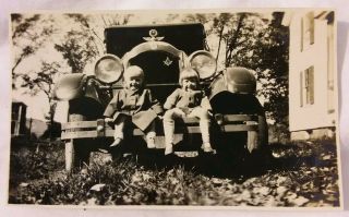 Vintage Old 1929 Photo Girl Boy Twins On Studebaker Car With Masonic Symbol