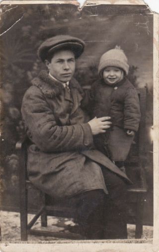 1926 Family Two Ivans Father & Son Handsome Man In Hat Boy Russian Antique Photo