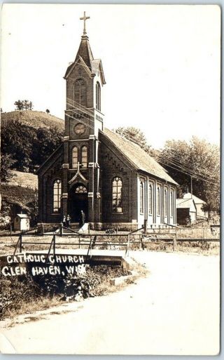 Glen Haven,  Wisconsin Rppc Real Photo Postcard Catholic Church Street View 1923