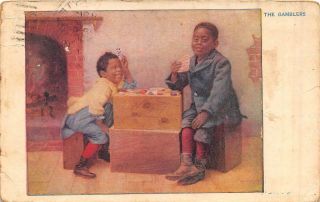 Black Americana The Gamblers Children Playing Cards Postcard 1908
