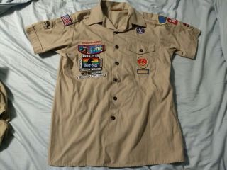 Boy / Cub Scout Uniform Tan Medium Shirt - Adult M Leader W/ Patches Made In Usa