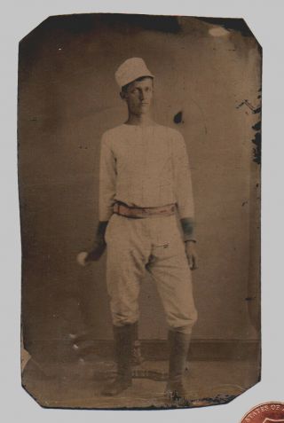 Vintage Tin Type Photograph Baseball Player In Uniform With Ball 1870s - 1900s Vg,