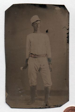 Vintage TIN TYPE Photograph BASEBALL PLAYER In Uniform With Ball 1870s - 1900s VG, 2