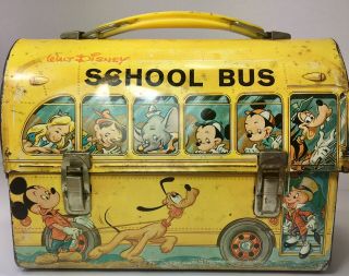 Vintage Top Walt Disney School Bus Metal Lunch Box,  Missing Thermos
