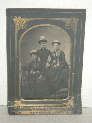 Vintage 1800’s Tintype Photo Three Ladies Woman In Long Dresses & Hats