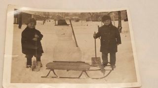 Vtg.  Antique Early 1900s 2 Boys W/sled,  Shovels & Snowman Winter Snow Scene