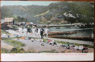 Antique Canton China Postcard Execution Scene Colonials Standing Over Pirates