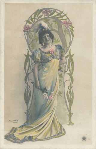 Art Nouveau Hand Colored Postcard Of Young Woman Wearing Long Gown