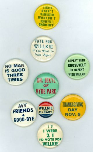 9 Vintage 1940 President Wendell Willkie Political Campaign Pinback Buttons Vote