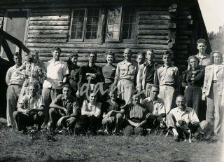 Campers By Log Cabin In Group Photo - Man On Right W 2 Boston Terrier Dogs Photo