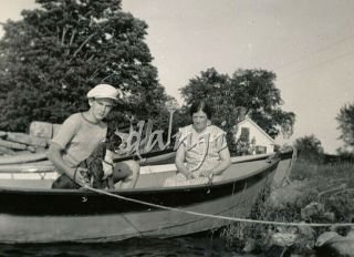 Boston Terrier Dog On A Boat With Teen Boy And Lady Old Photo