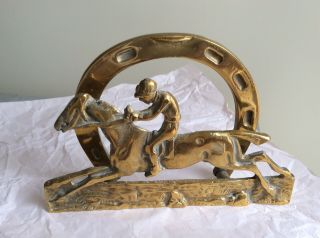 A Rare Vintage Brass Race Horse & Jockey Desk Letter Holder With Horseshoe