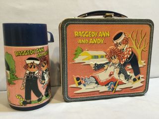 1973 Vintage Metal Lunch Box,  Thermos Raggedy Ann & Andy Aladdin Bobbs Merril