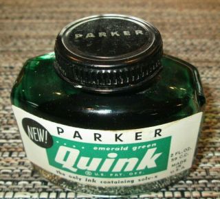 Vintage Parker Fountain Pen Ink Bottle Emerald Green 1/3 Full Usa