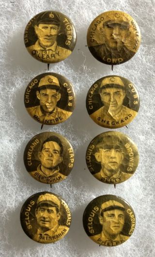 Sweet Caporal Baseball 8 Buttons With Crazing For Tigers,  White Sox,  Cubs,  Cleve