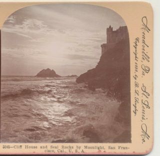 Cliff House & Seal Rocks By Moonlight San Francisco Ca Keystone Stereoview 1901