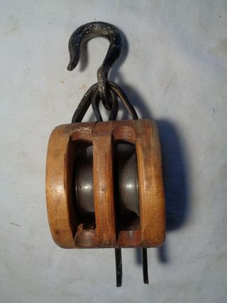 Antique WOOD FRAME BARN PULLEY,  new/old stock Farm tool 2
